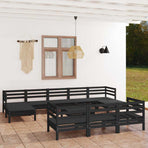 11 Piece Garden Lounge Set Black Solid Wood Pine