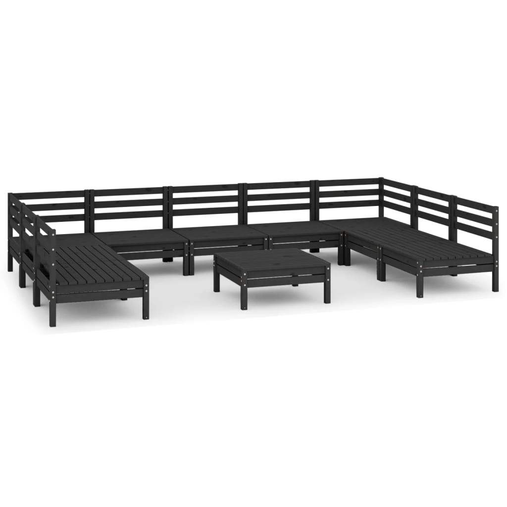10 Piece Garden Lounge Set Black Solid Pinewood