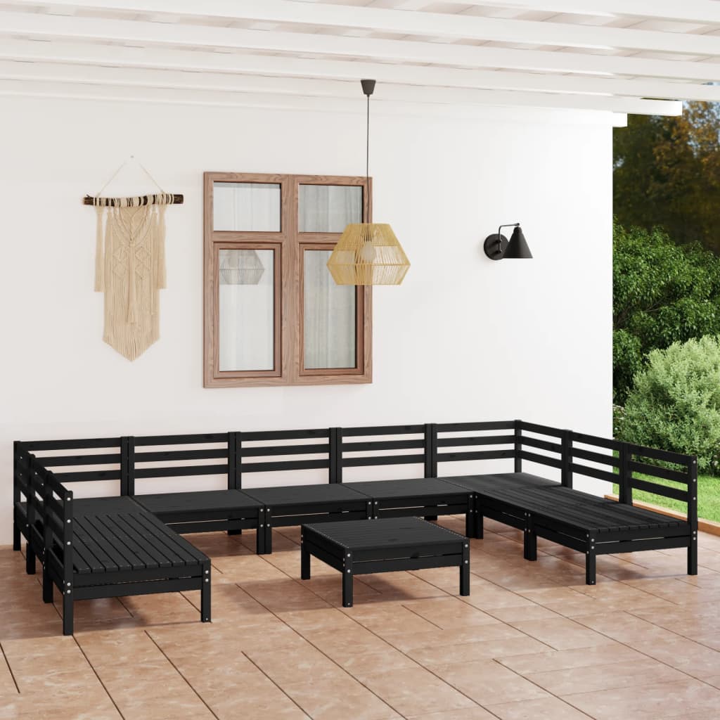 10 Piece Garden Lounge Set Black Solid Pinewood