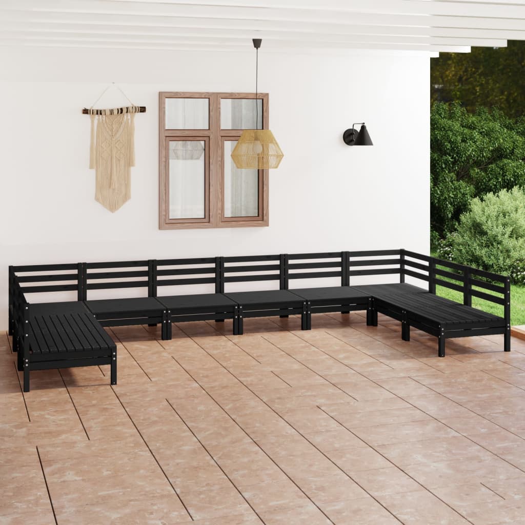 10 Piece Garden Lounge Set Black Solid Pinewood