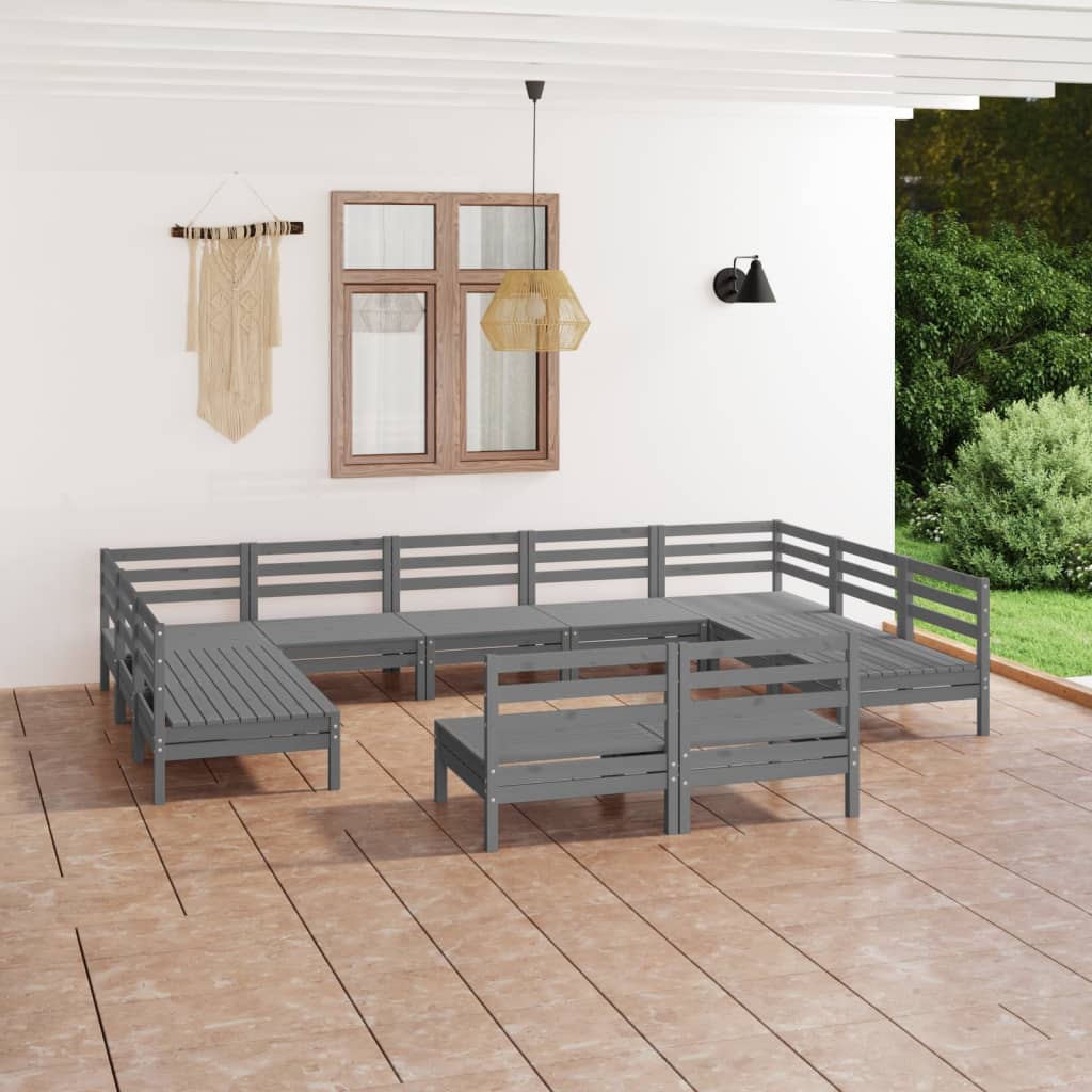 11 Piece Garden Lounge Set Grey Solid Pinewood