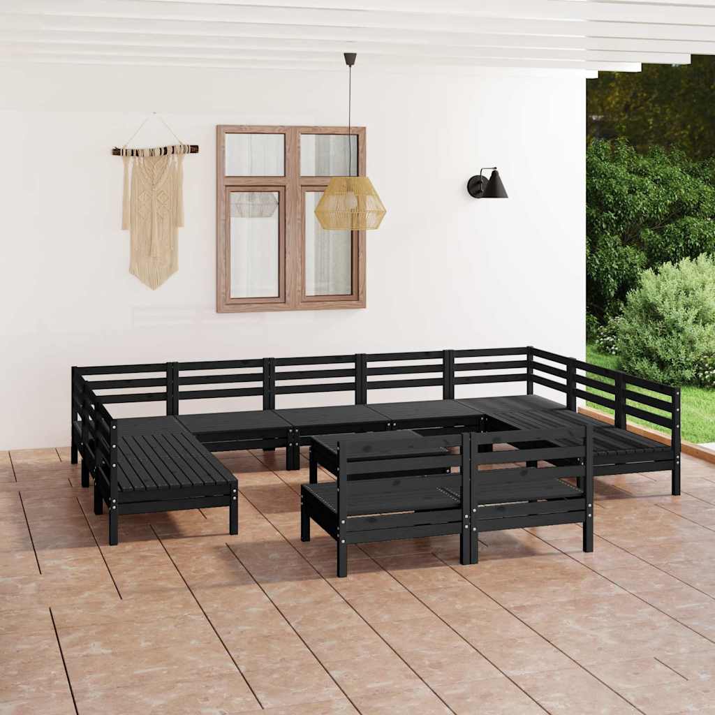 12 Piece Garden Lounge Set Black Solid Pinewood