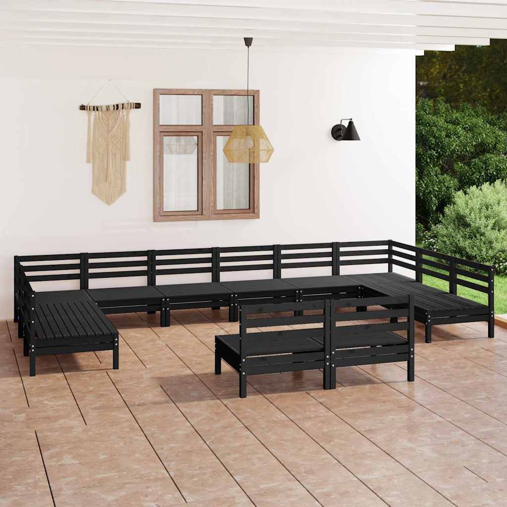 12 Piece Garden Lounge Set Black Solid Pinewood