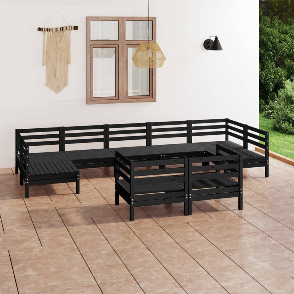 9 Piece Garden Lounge Set Black Solid Pinewood