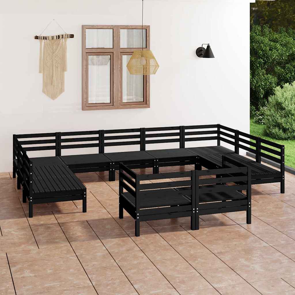 11 Piece Garden Lounge Set Black Solid Pinewood