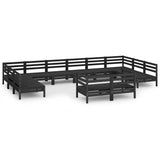 12 Piece Garden Lounge Set Black Solid Pinewood - Front View