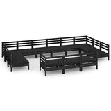 13 Piece Garden Lounge Set Black Solid Pinewood - Front View