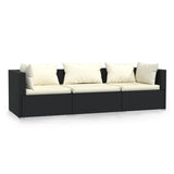 3-Seater Sofa with Cushions Black Poly Rattan - Front View