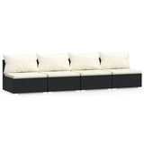 4-Seater Sofa with Cushions Black Poly Rattan - Front View