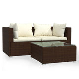 3 Piece Garden Lounge Set with Cushions Brown Poly Rattan - Front View