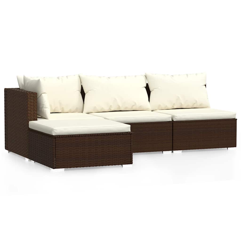 4 Piece Garden Lounge Set with Cushions Brown Poly Rattan