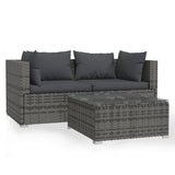 3 Piece Garden Lounge Set with Cushions Grey Poly Rattan - Front View