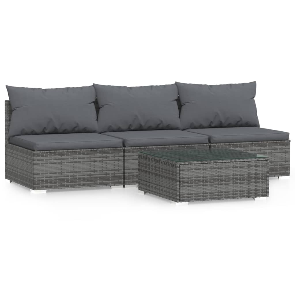 4 Piece Garden Lounge Set with Cushions Grey Poly Rattan