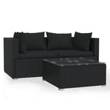 3 Piece Garden Lounge Set with Cushions Black Poly Rattan - Front View