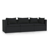 3-Seater Sofa with Cushions Black Poly Rattan - Front View