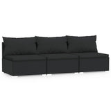 3-Seater Sofa with Cushions Black Poly Rattan - Front View