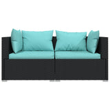 2-Seater Sofa with Cushions Black Poly Rattan - Side View