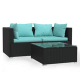 3 Piece Garden Lounge Set with Cushions Black Poly Rattan - Front View