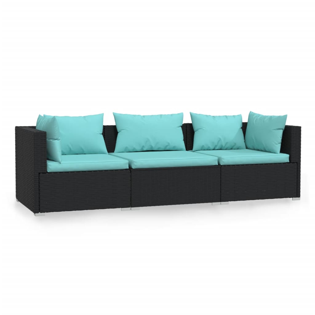 3-Seater Sofa with Cushions Black Poly Rattan