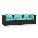 3-Seater Sofa with Cushions Black Poly Rattan - Front View