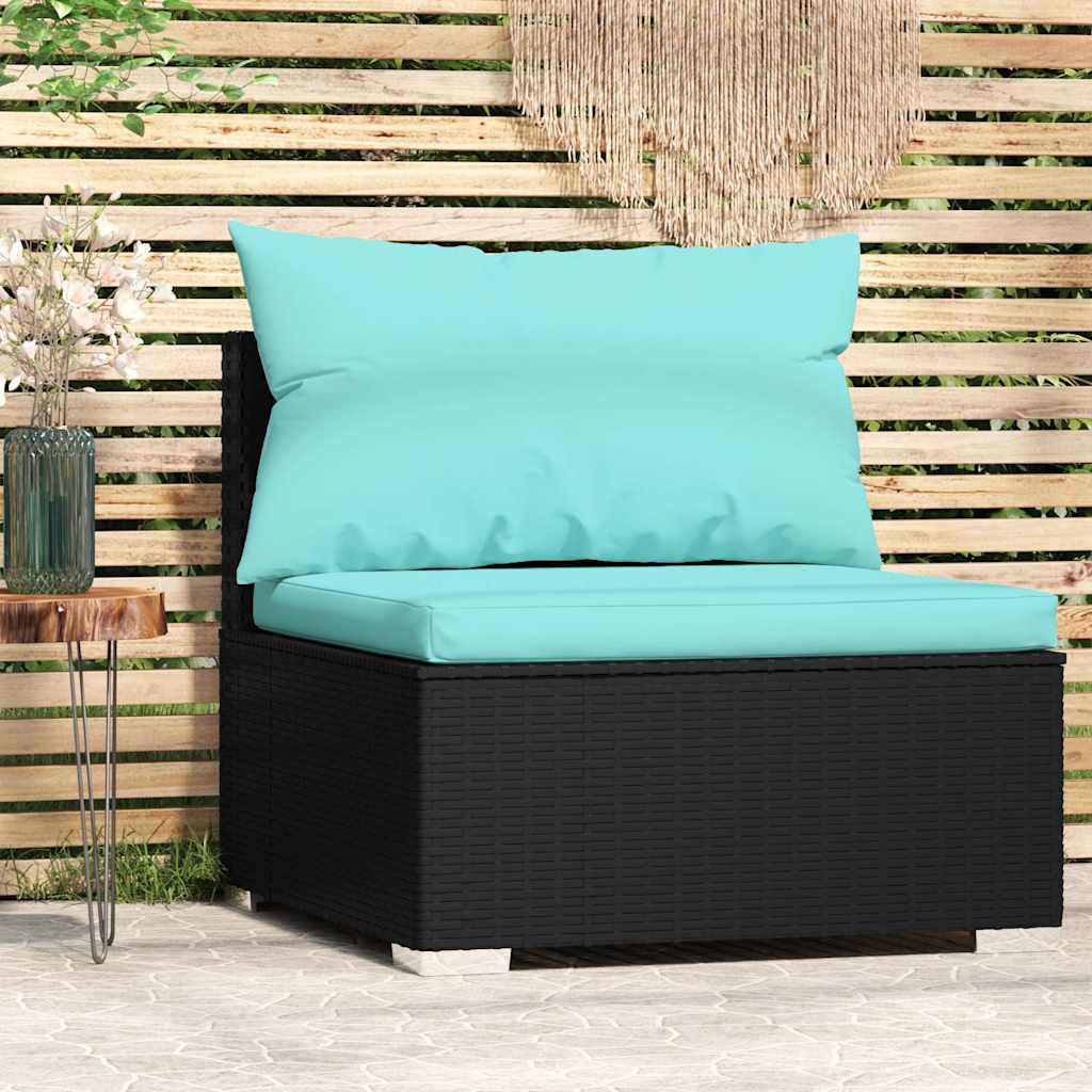Garden Middle Sofa with Cushions Black Poly Rattan