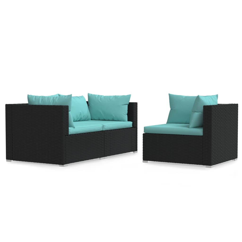 3 Piece Garden Lounge Set with Cushions Black Poly Rattan