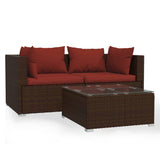 3 Piece Garden Lounge Set with Cushions Brown Poly Rattan - Front View
