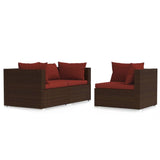 3 Piece Garden Lounge Set with Cushions Brown Poly Rattan - Front View