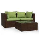 3 Piece Garden Lounge Set with Cushions Brown Poly Rattan - Front View