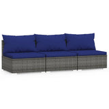 3-Seater Sofa with Cushions Grey Poly Rattan - Front View