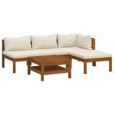 5 Piece Garden Lounge Set with Cream Cushion Solid Acacia Wood - Front View