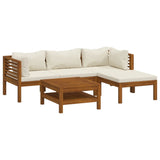5 Piece Garden Lounge Set with Cream Cushion Solid Acacia Wood - Front View