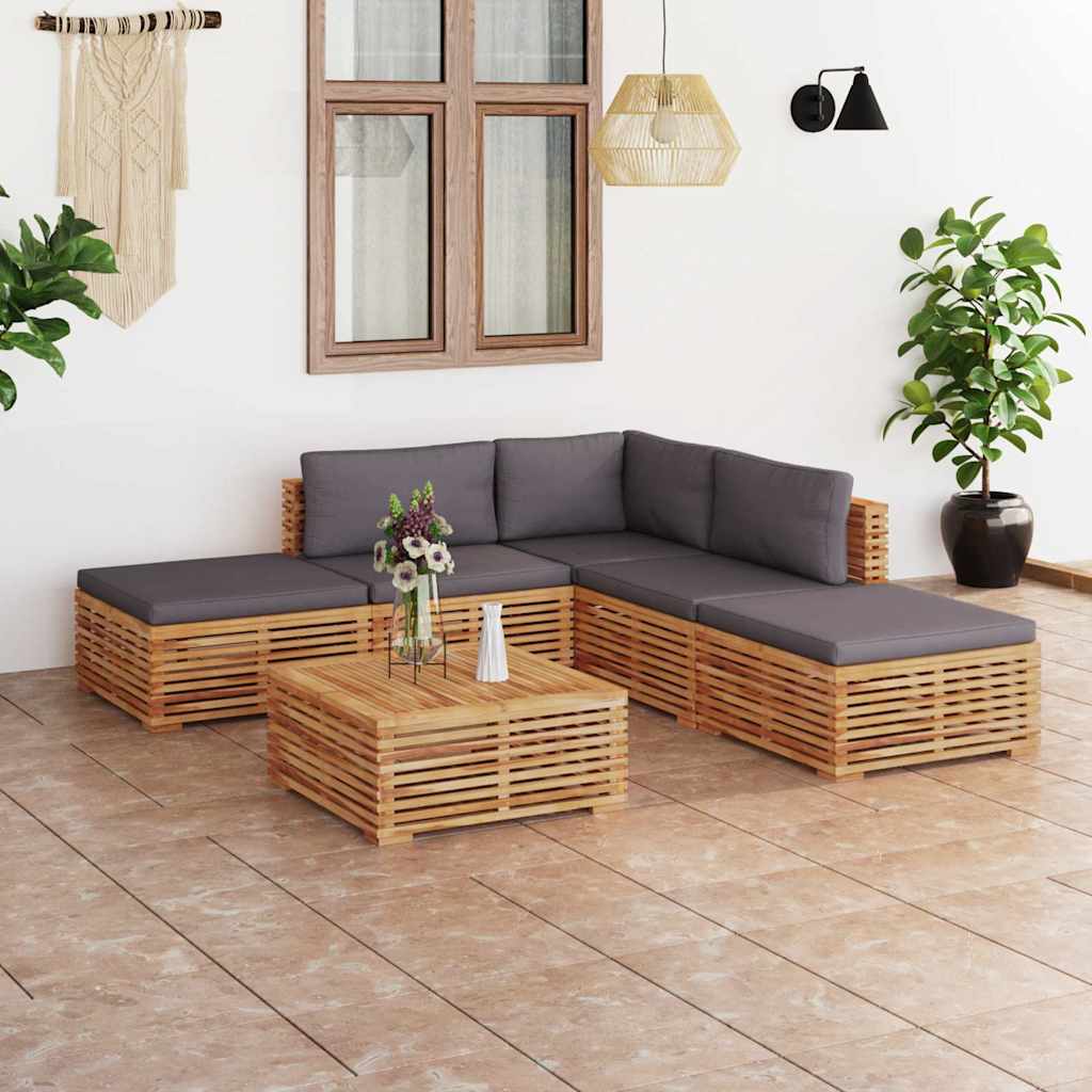 6 Piece Garden Lounge Set with Dark Grey Cushion Solid Teak Wood