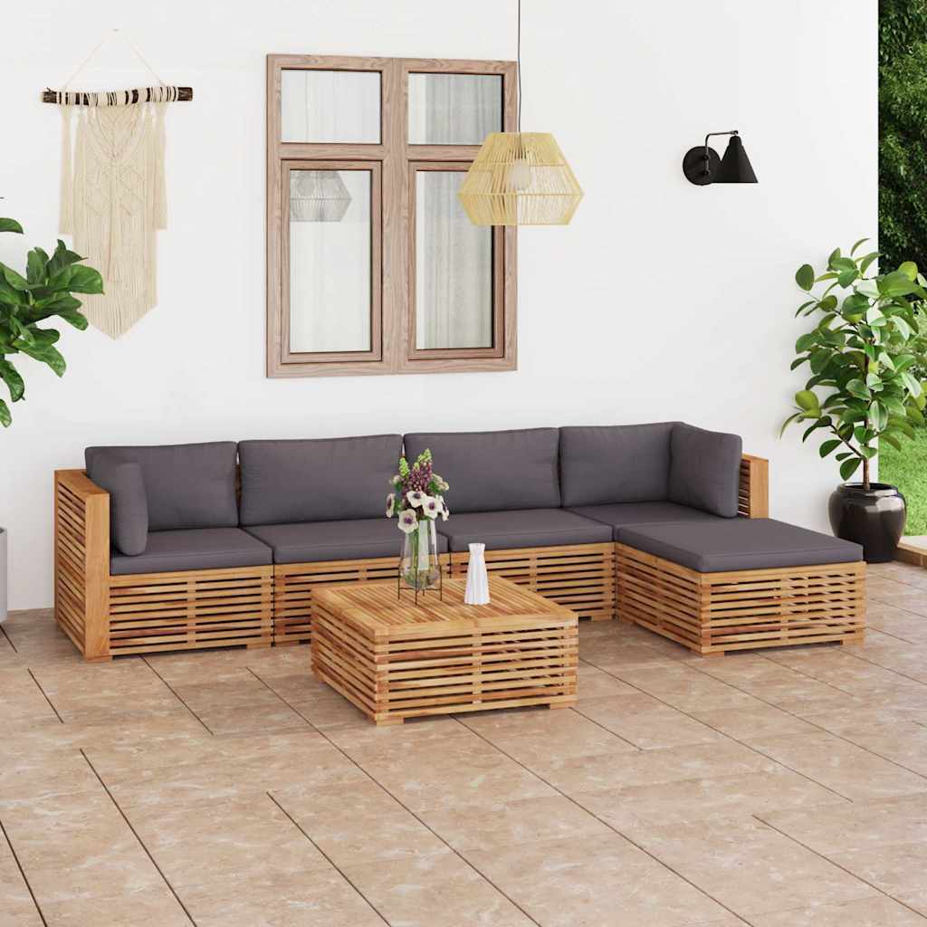 6 Piece Garden Lounge Set with Dark Grey Cushion Solid Teak Wood