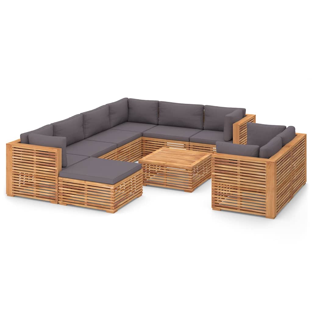 10 Piece Garden Lounge Set with Dark Grey Cushion Solid Teak Wood