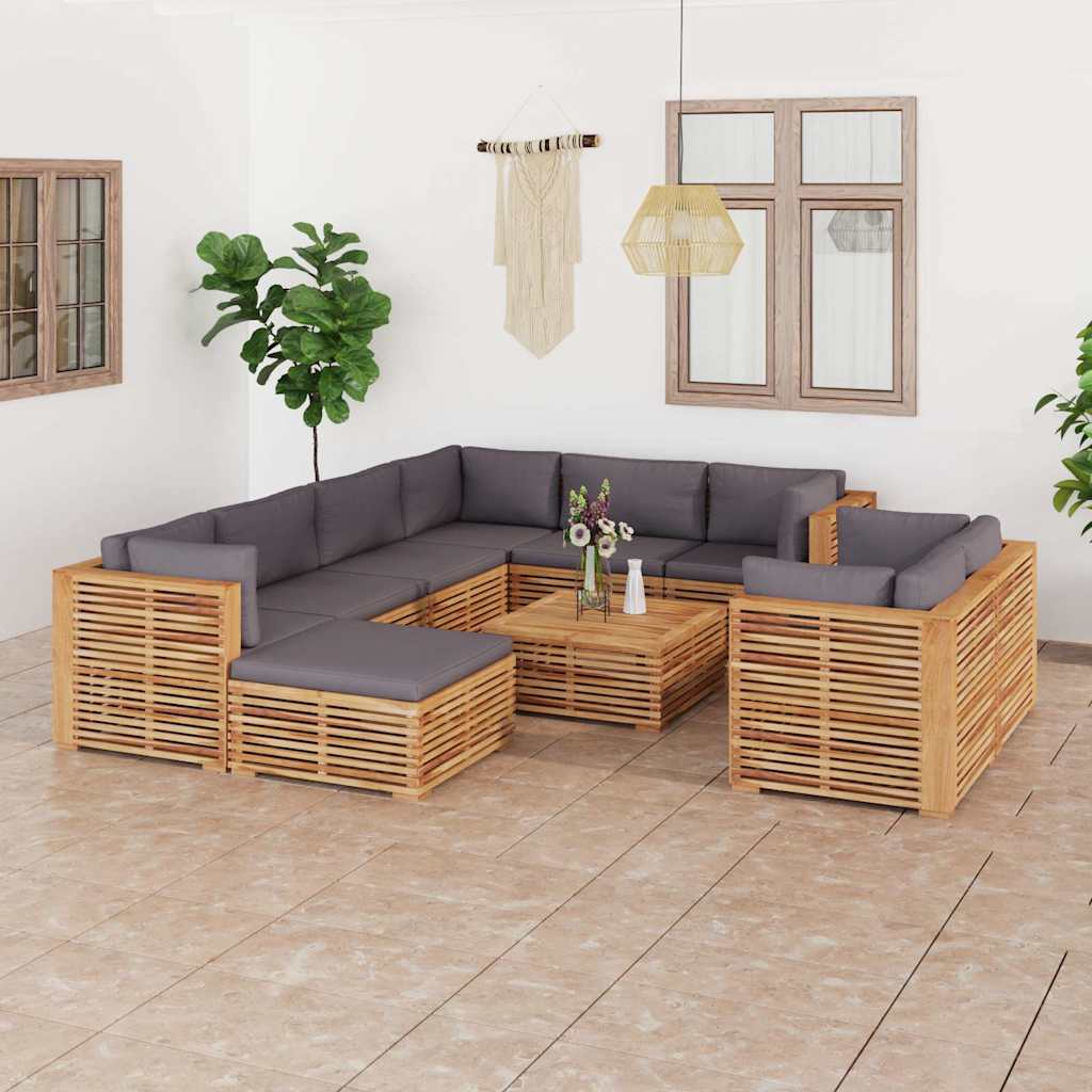 10 Piece Garden Lounge Set with Dark Grey Cushion Solid Teak Wood