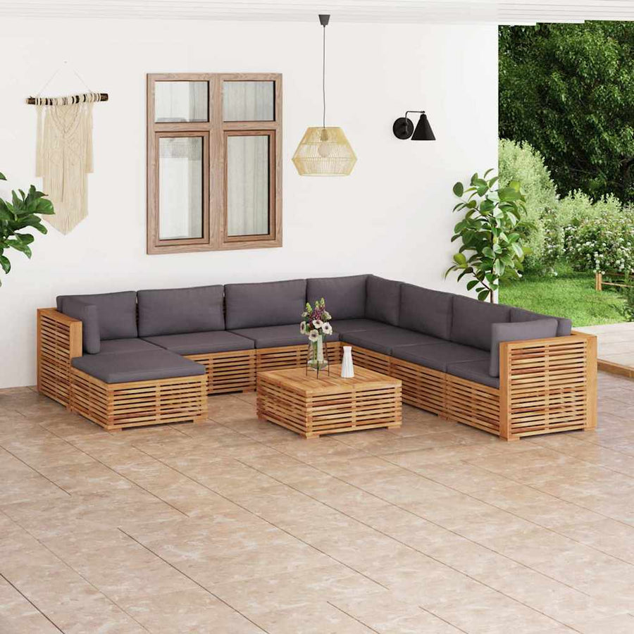 9 Piece Garden Lounge Set with Dark Grey Cushion Solid Teak Wood