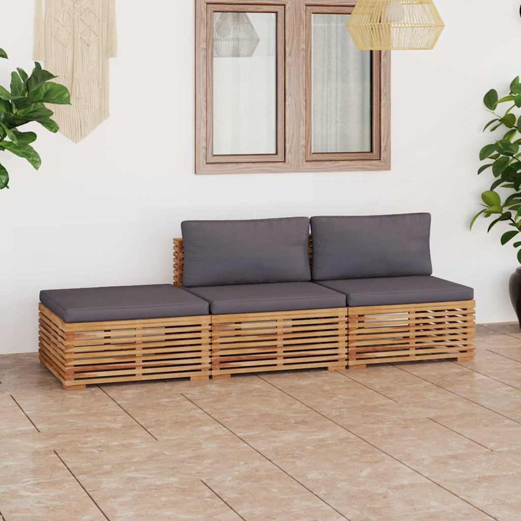 3 Piece Garden Lounge Set with Dark Grey Cushion Solid Teak Wood