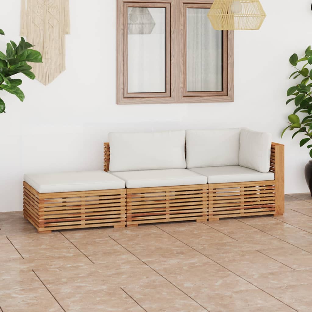3 Piece Garden Lounge Set with Cream Cushion Solid Teak Wood