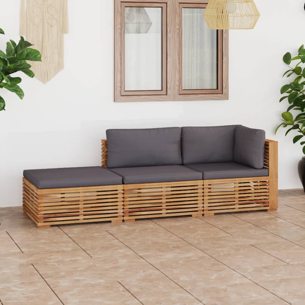 3 Piece Garden Lounge Set with Dark Grey Cushion Solid Teak Wood