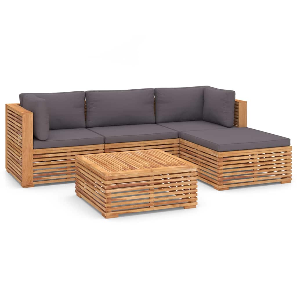 5 Piece Garden Lounge Set with Dark Grey Cushion Solid Teak Wood