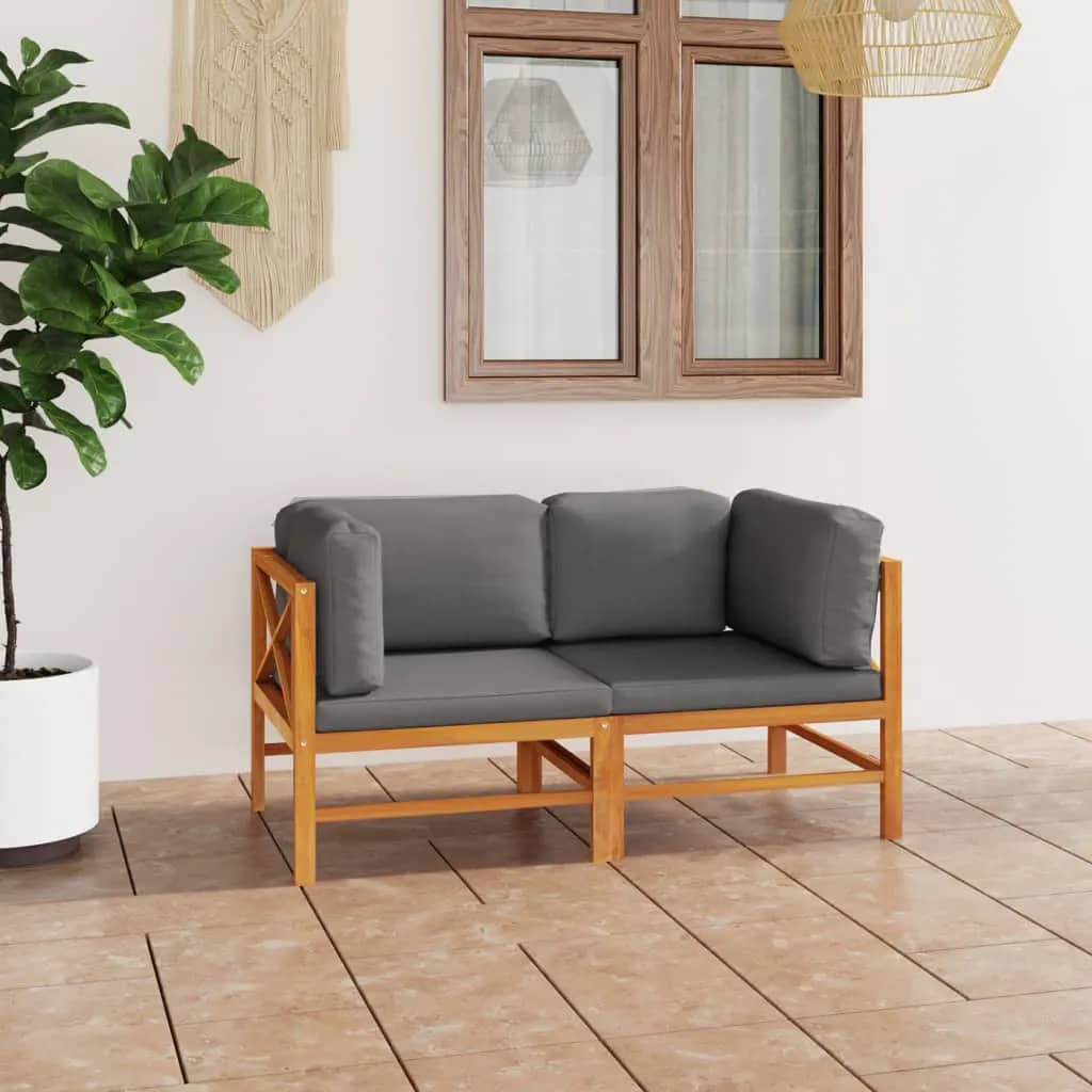 2-Seater Garden Sofa with Grey Cushions Solid Teak Wood