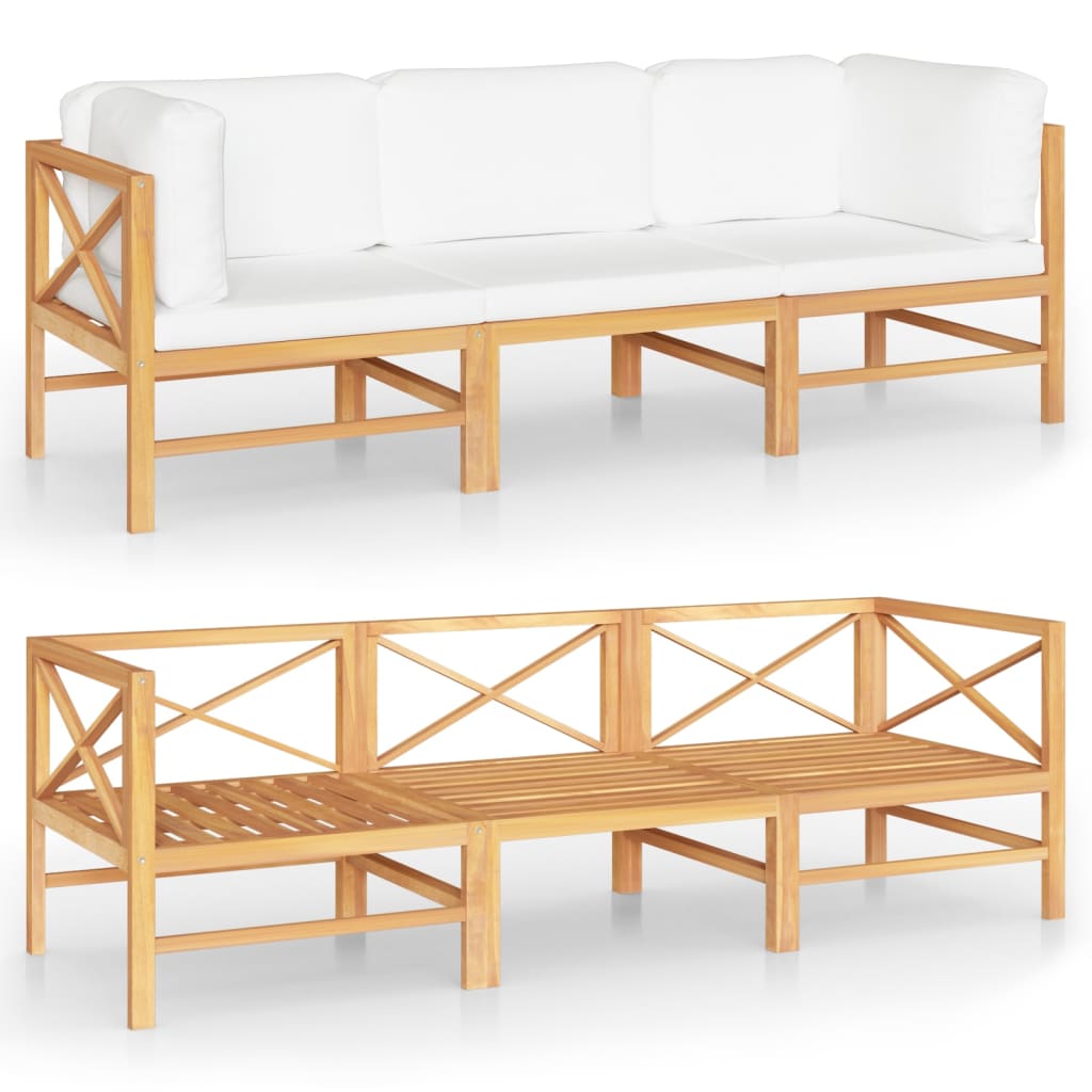 3-Seater Garden Sofa with Cream Cushions Solid Teak Wood