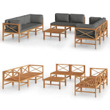 9 Piece Garden Lounge Set with Grey Cushions Solid Teak Wood - Front View