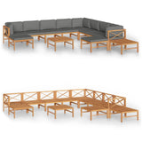 12 Piece Garden Lounge Set with Grey Cushions Solid Teak Wood - Front View