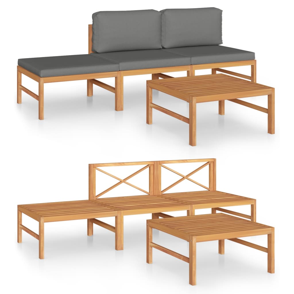 4 Piece Garden Lounge Set with Grey Cushions Solid Teak Wood