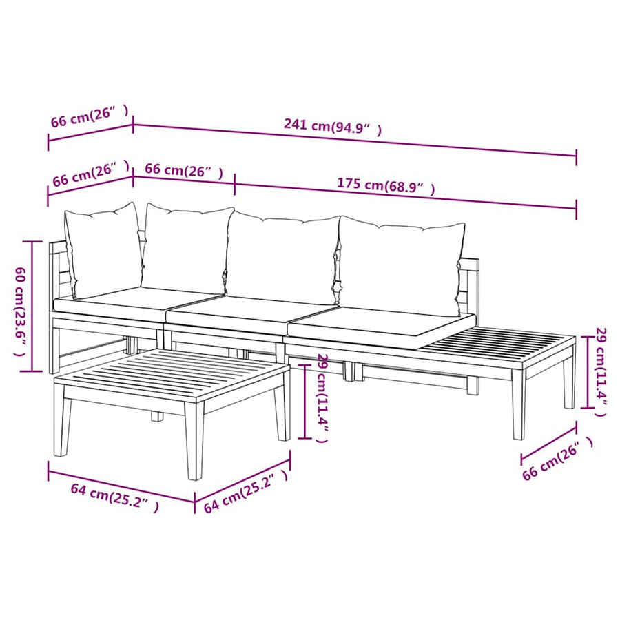 3 Piece Garden Lounge Set with Cream White Cushions Acacia Wood