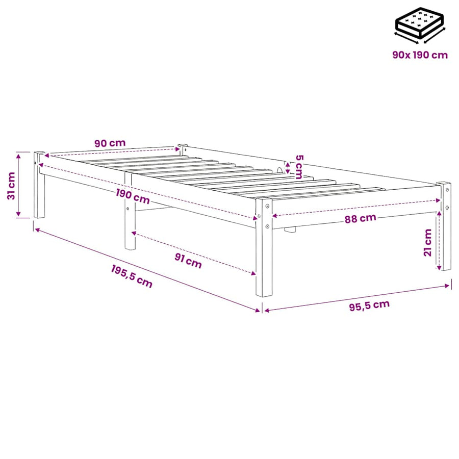 Bed Frame without Mattress Solid Wood 90x190 cm