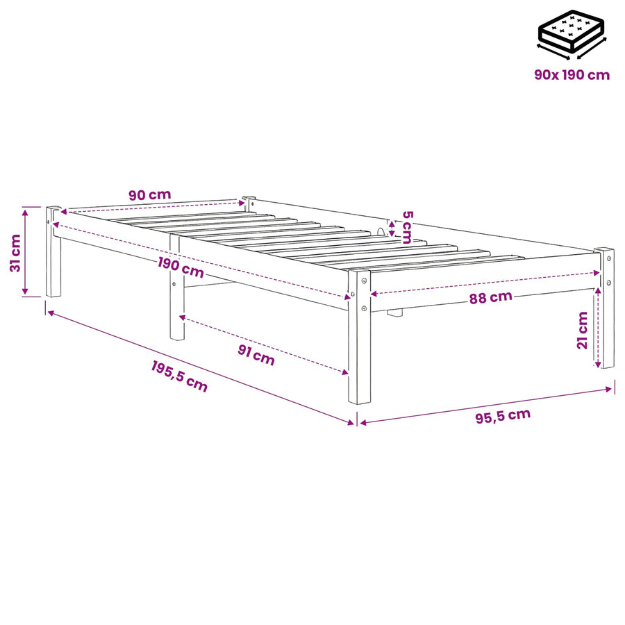 Bed Frame without Mattress White Solid Wood 90x190 cm