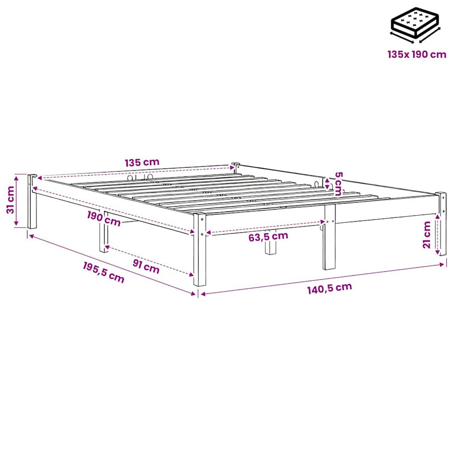 Bed Frame without Mattress White Solid Wood 135x190 cm